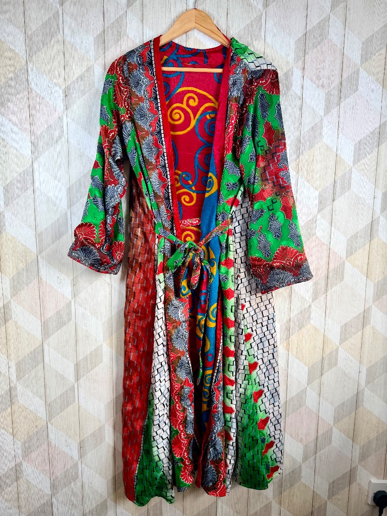 Vintage Reversible Patchwork Kimono Duster Coat Boho Hippie Festival Whimsigoth
