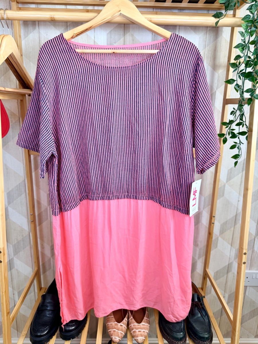 Made in Italy One Size UK 14-20 Pink Navy Striped Cotton Boho Festival Summer Dress