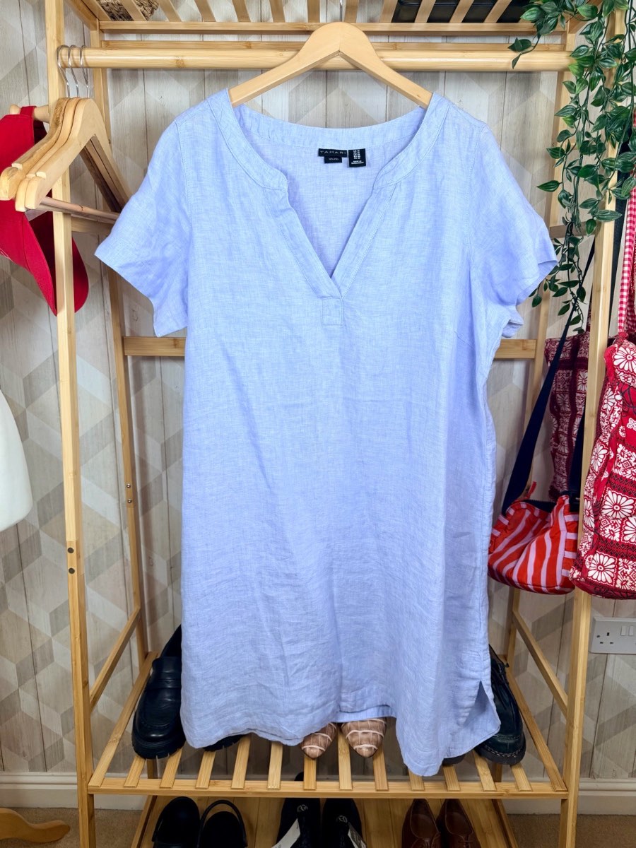 Tahari 100% Linen Blue Tunic Dress UK 20 Boho Festival Ibiza Beach Cover Up Plus Size