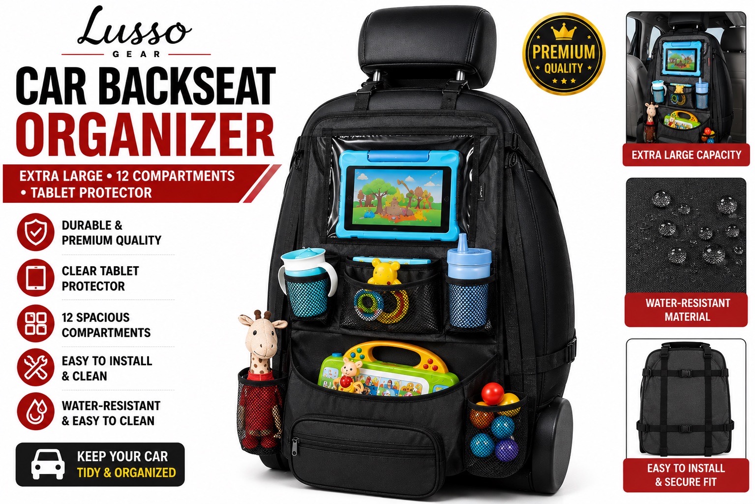 Lusso Gear Car Backseat Organizer | Extra Large Capacity | 12 Compartments + Tablet Holder | Premium