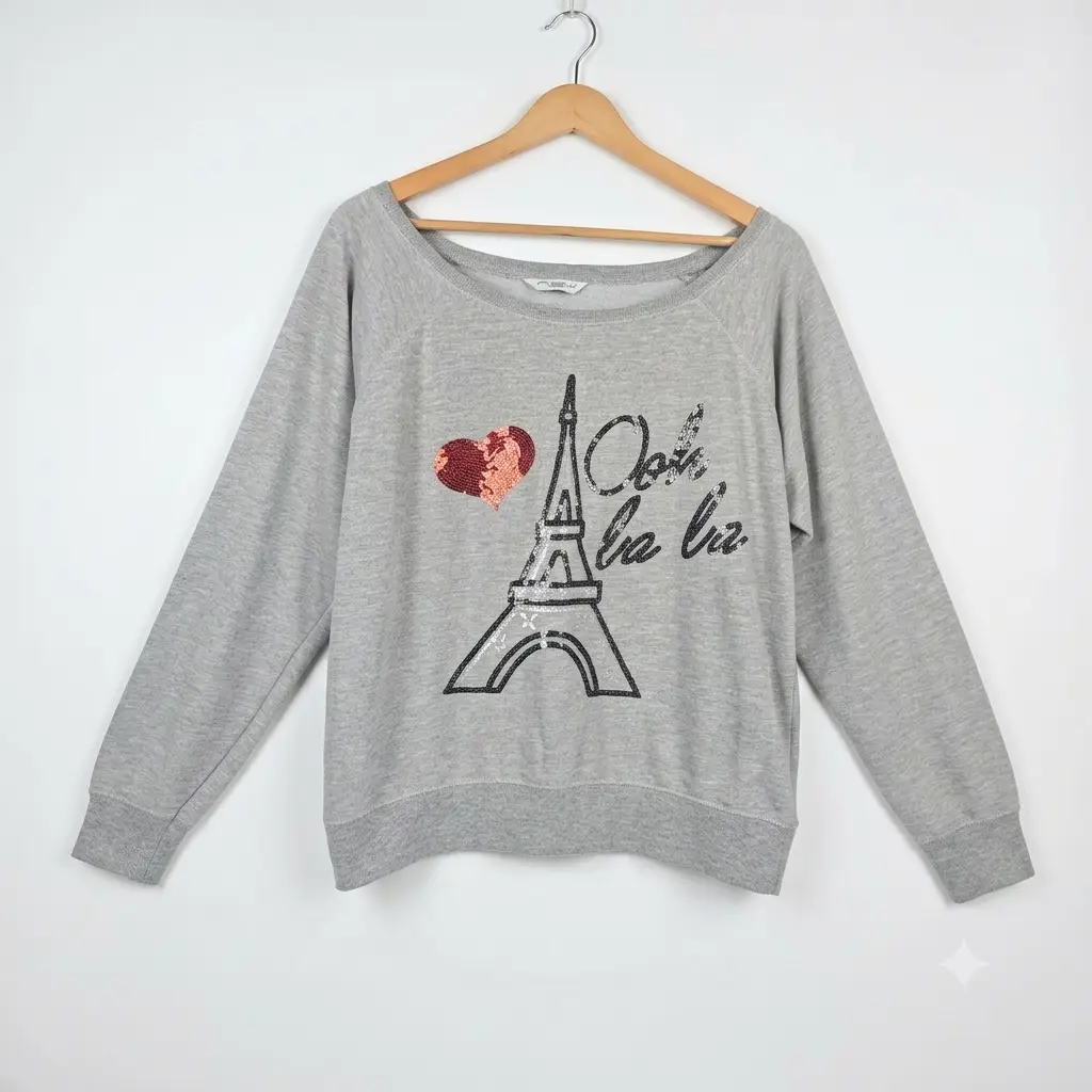 Vintage 90s New Look Grey Sweatshirt Women’s UK 18 Eiffel Tower Sequin Graphic Pullover
