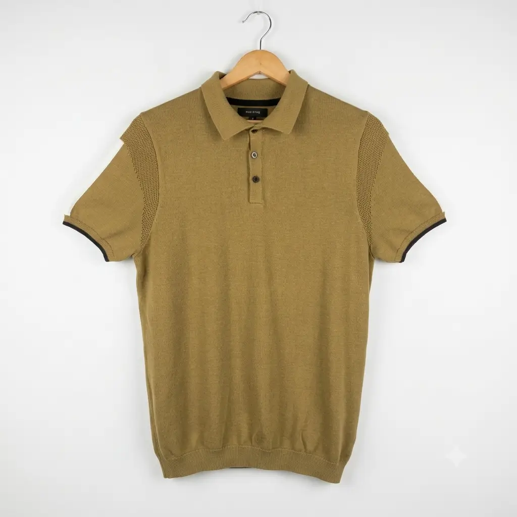 Men's River Island Knit Polo Shirt - Size M - Tan Brown with White Striped Sleeves