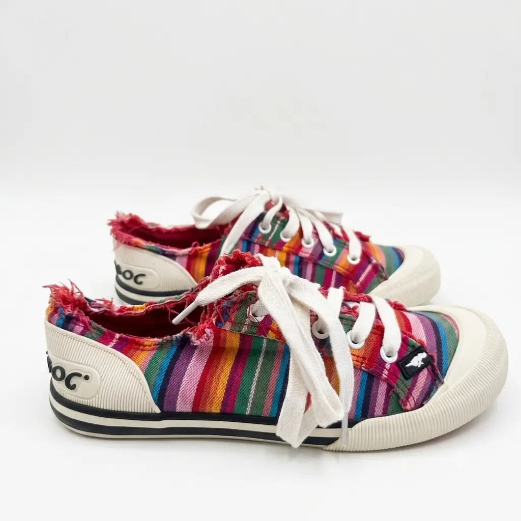 Rocket Dog Multi-Color Striped Frayed Edge Canvas Sneakers UK 5