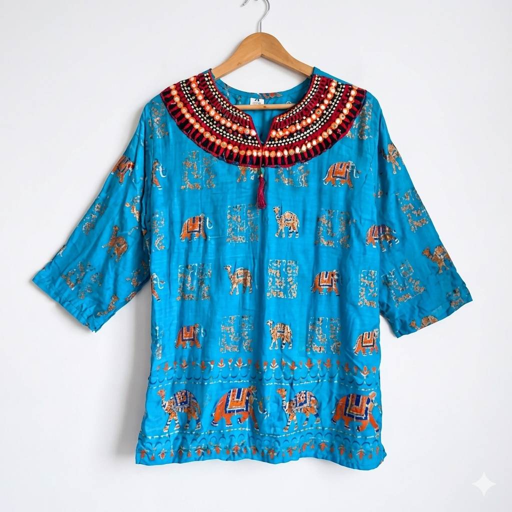 Blue Cotton Tunic Top with Camel & Elephant Print, Size 44, Embellished Neckline UK 12