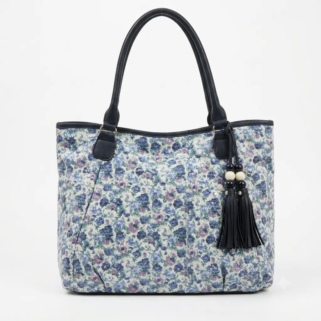Floral Sequin Tote Bag with Tassel Detail – Blue & Purple Patterned Shoulder Bag