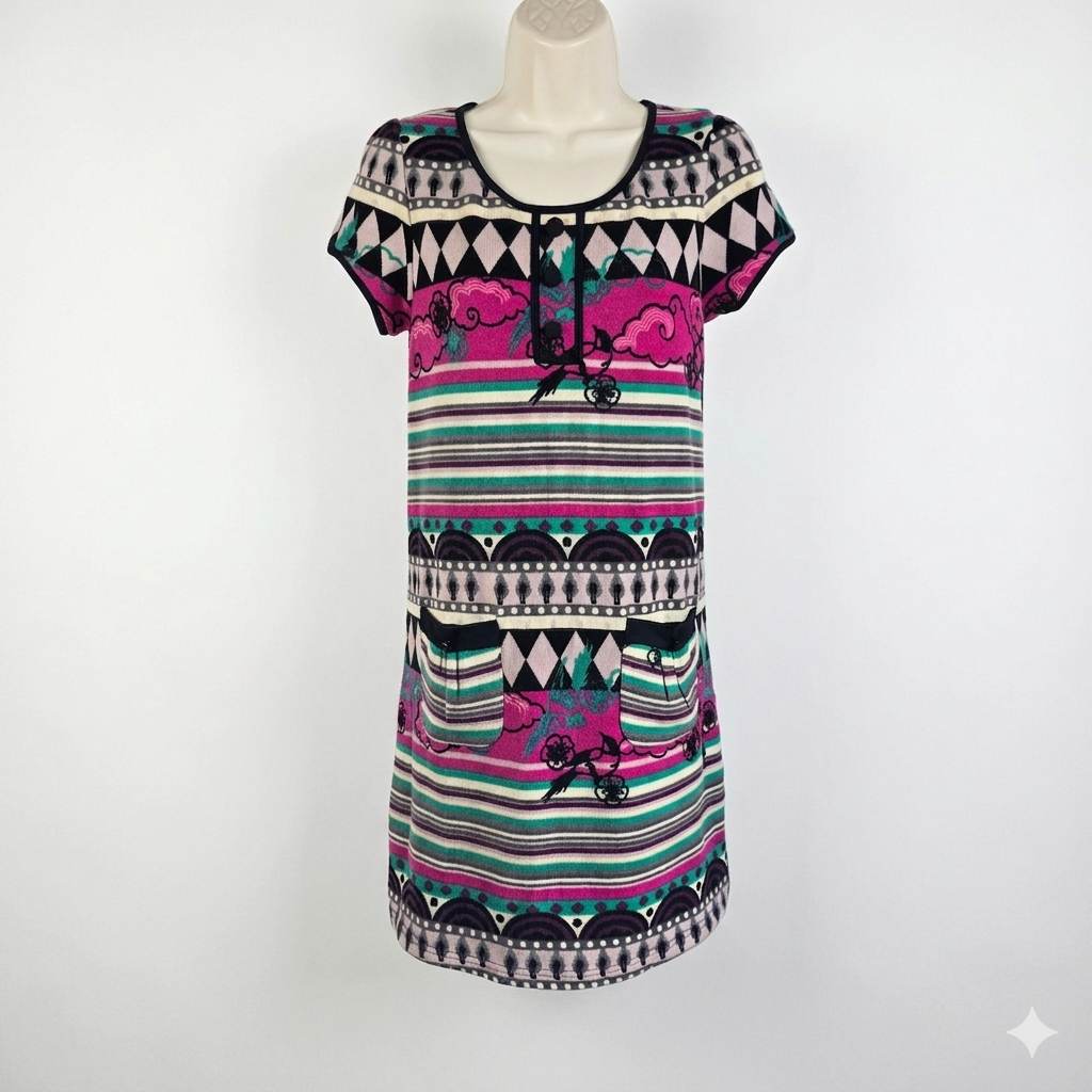 Vintage Yumi Dress UK 10 Multi-Color Geometric Bird Print Short Sleeve