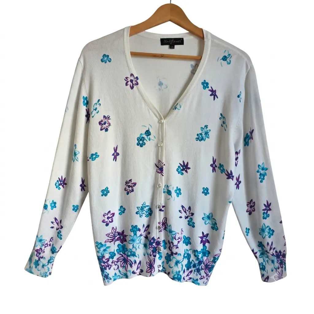 Mudflower Women's Floral Cardigan White Blue Purple Embellished Button Down