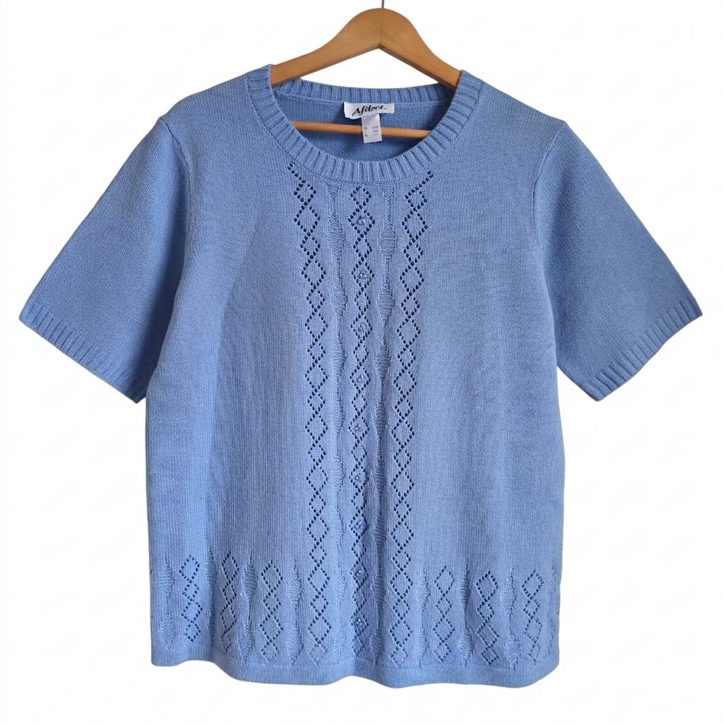 Afibel Women's Blue Knit Short Sleeve Sweater Top, Size UK 14 (EU 42/44), Beaded Detail