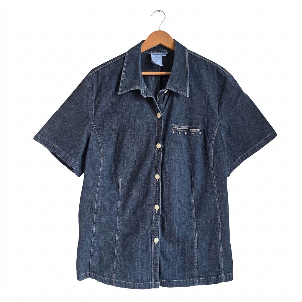 Liana Sport Plus Denim Short Sleeve Button-Up Shirt - Size 18 - Cotton Spandex