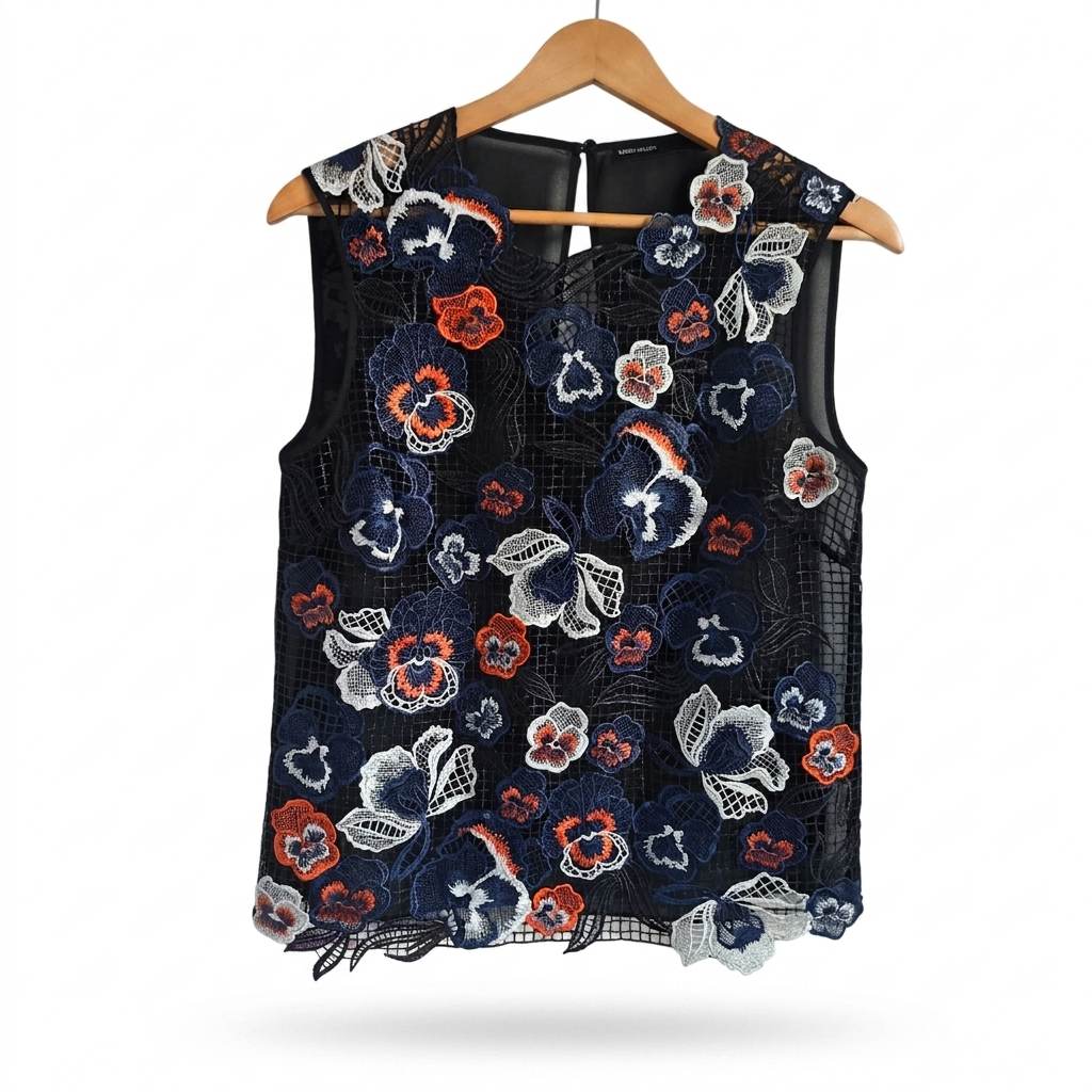 Karen Millen Floral Embroidered Sleeveless Top Black UK 10 US 6