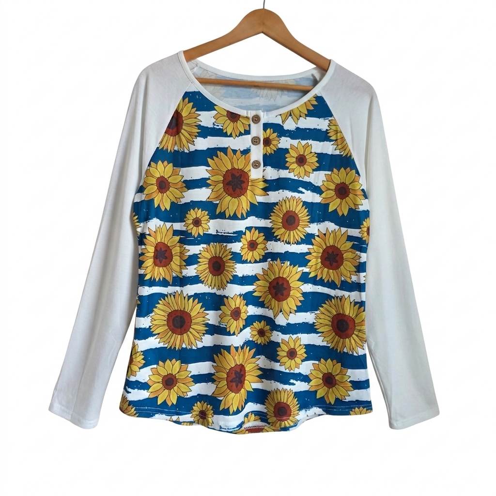 Sunflower Print Long Sleeve Henley Shirt Size M Blue & White Striped Top