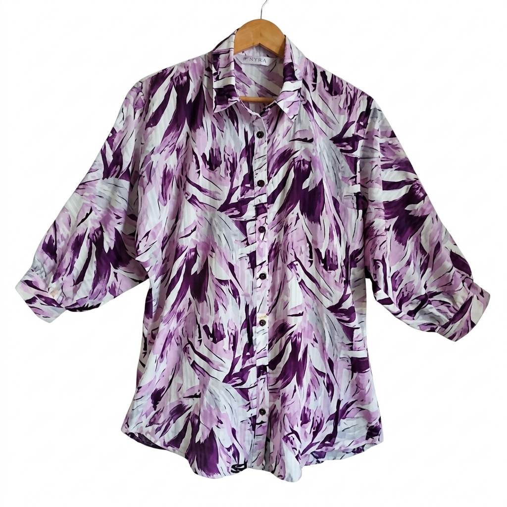 Kyra Women’s Button-Up Shirt, Size Medium, Purple Abstract Print, 3/4 Sleeve