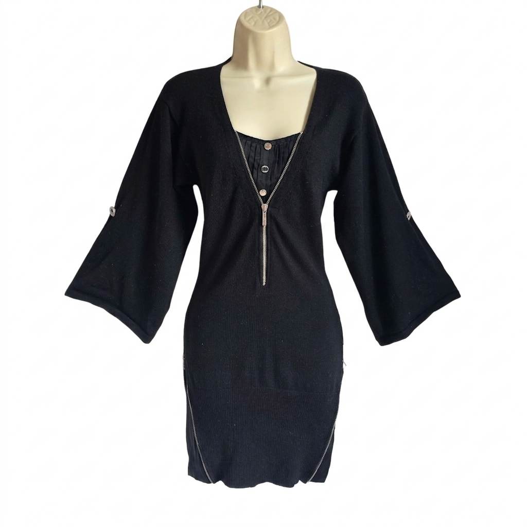Karen Millen Black Knit Dress with Side Zippers & Bell Sleeves – Size 10 silk wool dress