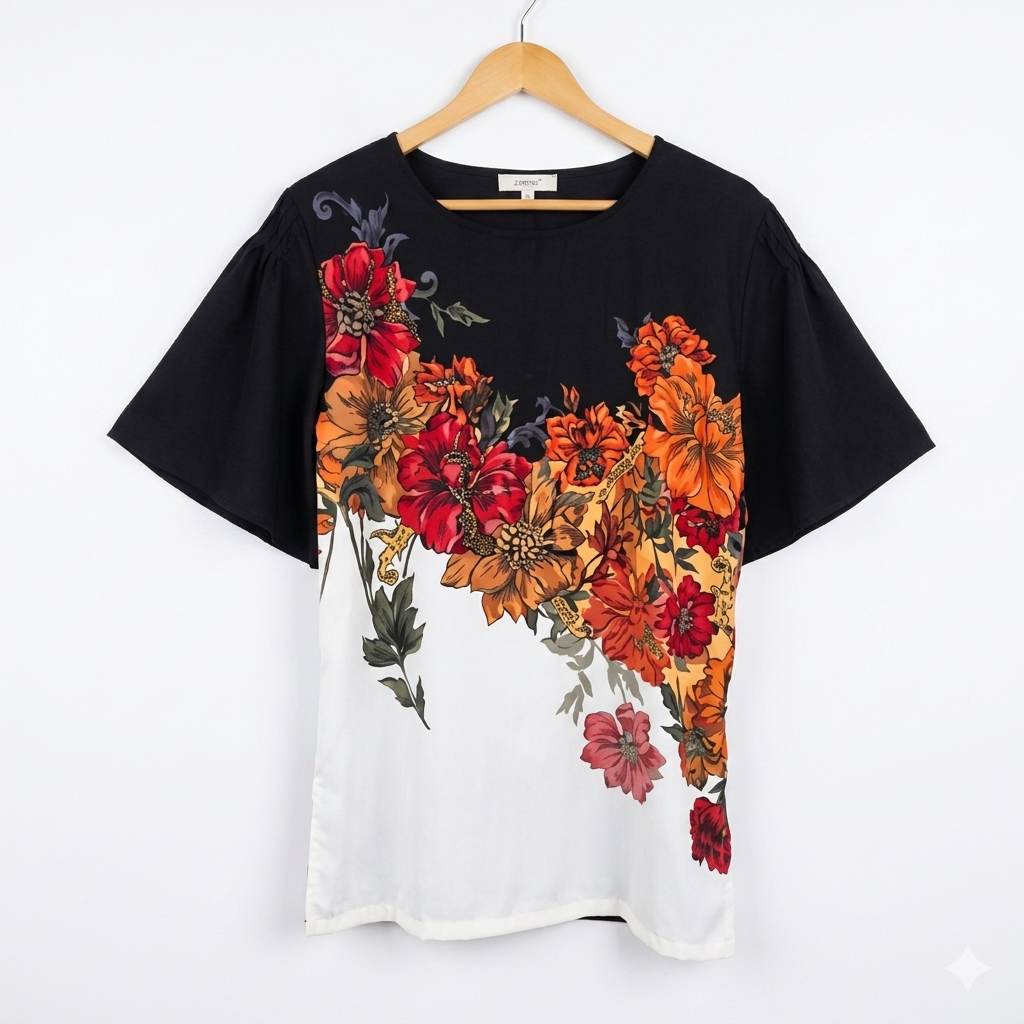 M&S Marks & Spencer Floral Blouse Size 10 Black Flutter Sleeve Beaded Details