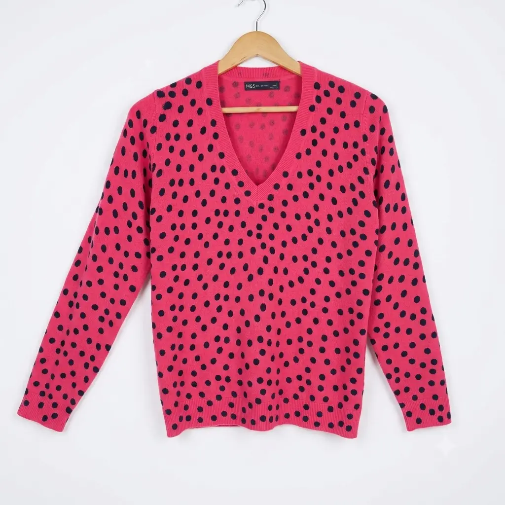 M&S Collection Women's Pink Polka Dot V-Neck Jumper Sweater Size S
