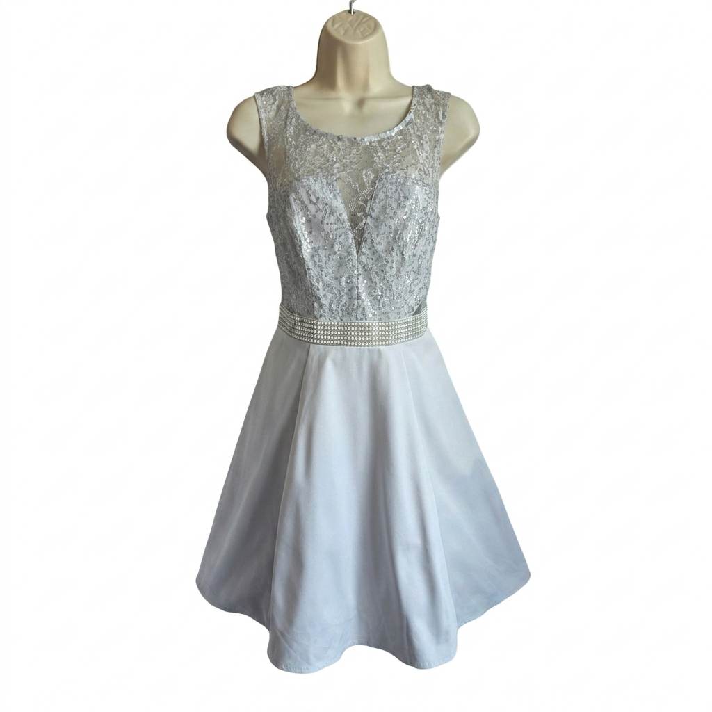 Lipsy London Silver Sequin Lace Skater Dress - UK 10 / US 6 - Pearl Waist Detail