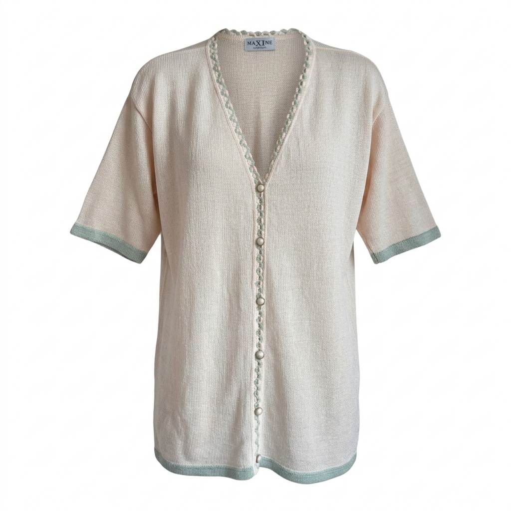 Vintage Maxine London U.K. Made Short Sleeve Cardigan Top - Cream & Green Trim 16