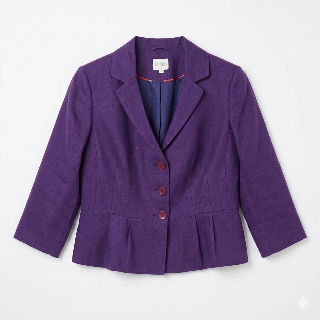 Kaliko Purple 100% Linen Blazer Jacket Women's Size 14 Three-Quarter Sleeve