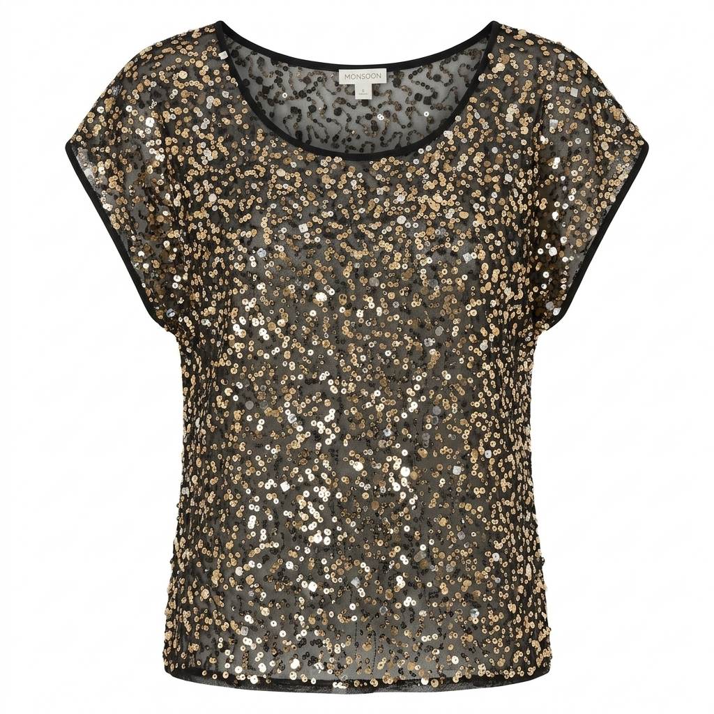 Monsoon Black & Gold Sequin Embellished Mesh Top - Size XL - Sparkly Party Blouse