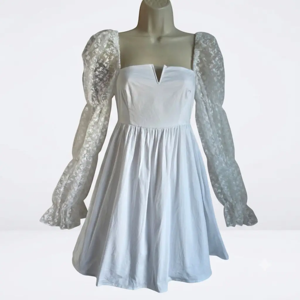 Labelrail x Collyer Twins White Mini Dress with Lace Puff Sleeves, Size 10