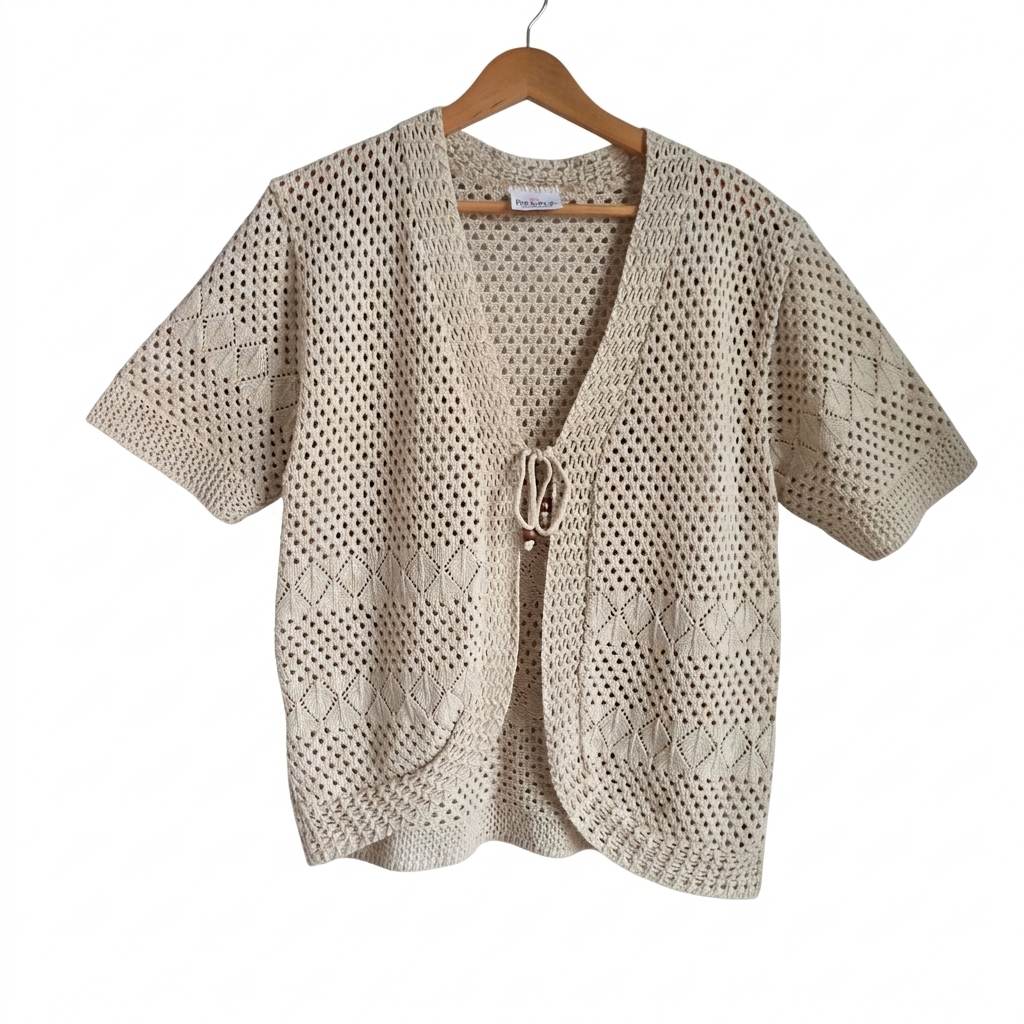 Vintage Remel London Crochet Cardigan Cream Size XL 14 Short Sleeve Tie Front