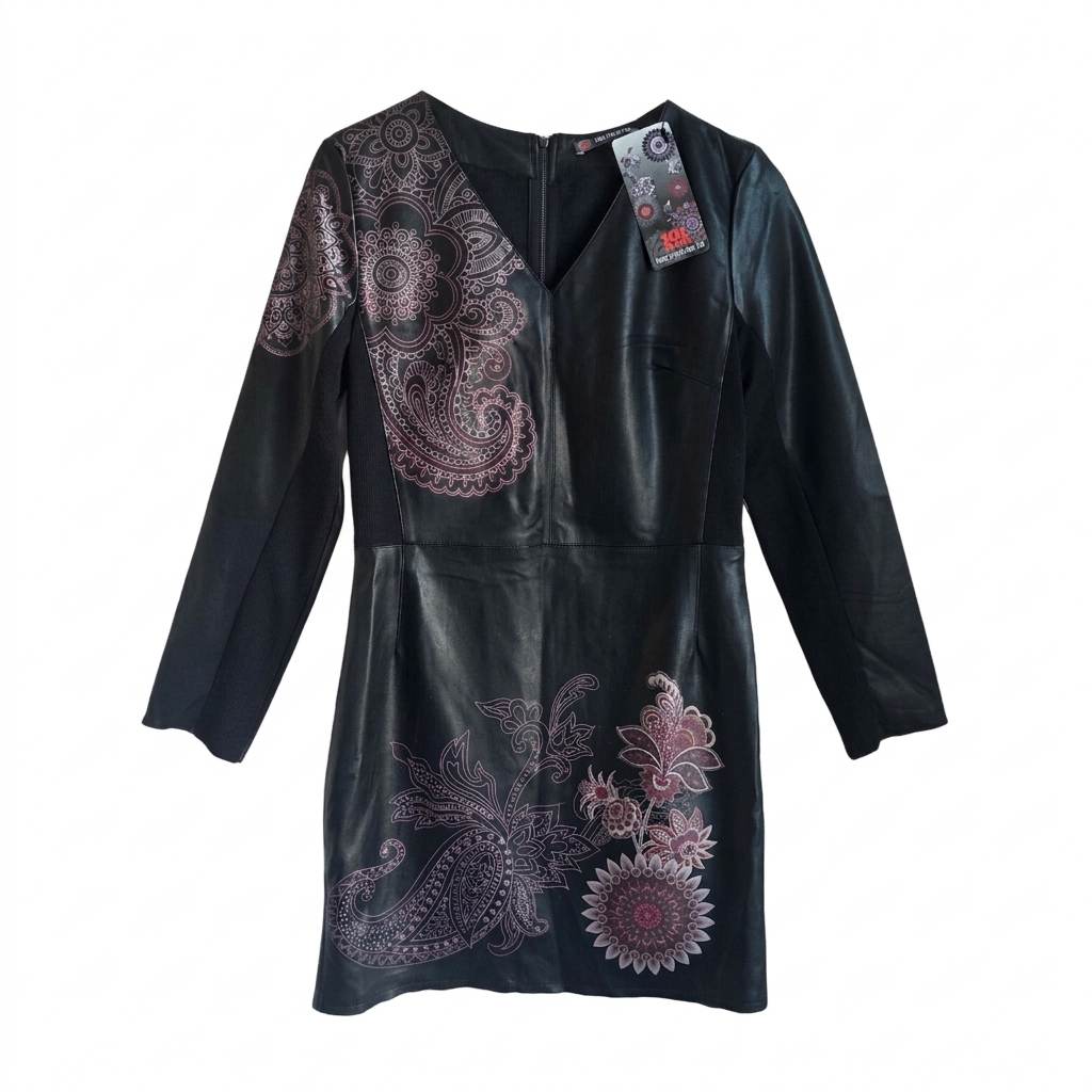 101 Idees Black Faux Leather Dress Floral Print Boho Chic Women’s Size S/M