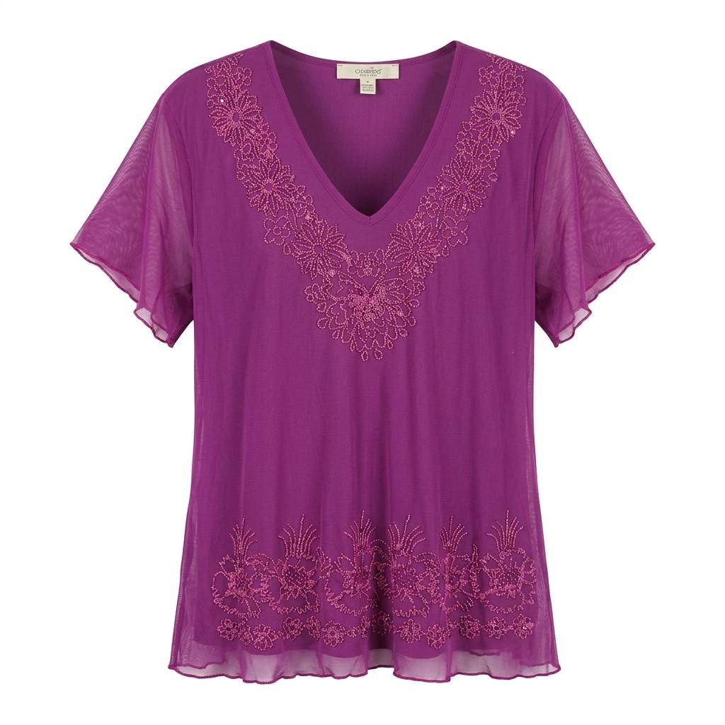 Classics Magenta Sheer Mesh Beaded Sequined V-Neck Top Size UK 22 US 18