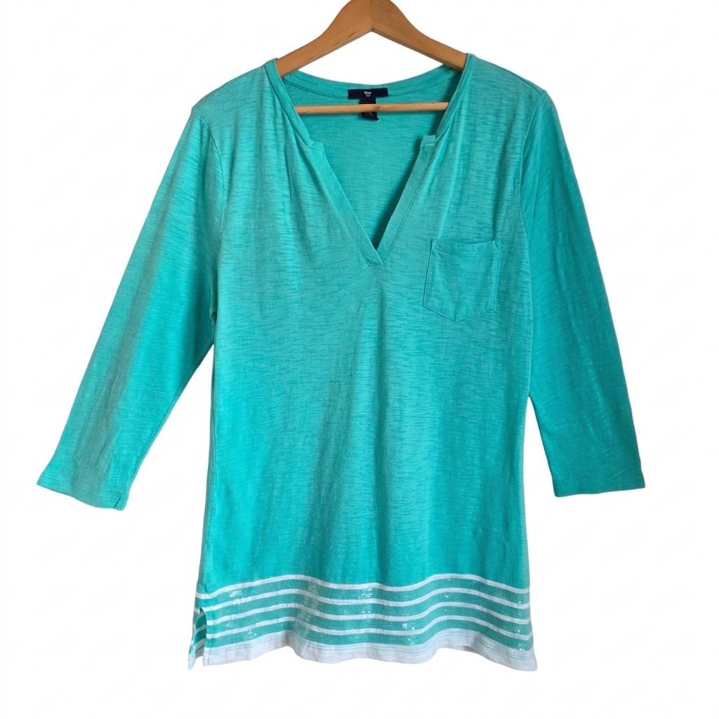 Gap Women Medium Teal Aqua Blue V-Neck Top 3/4 Sleeve Sequin Striped Hem Cotton