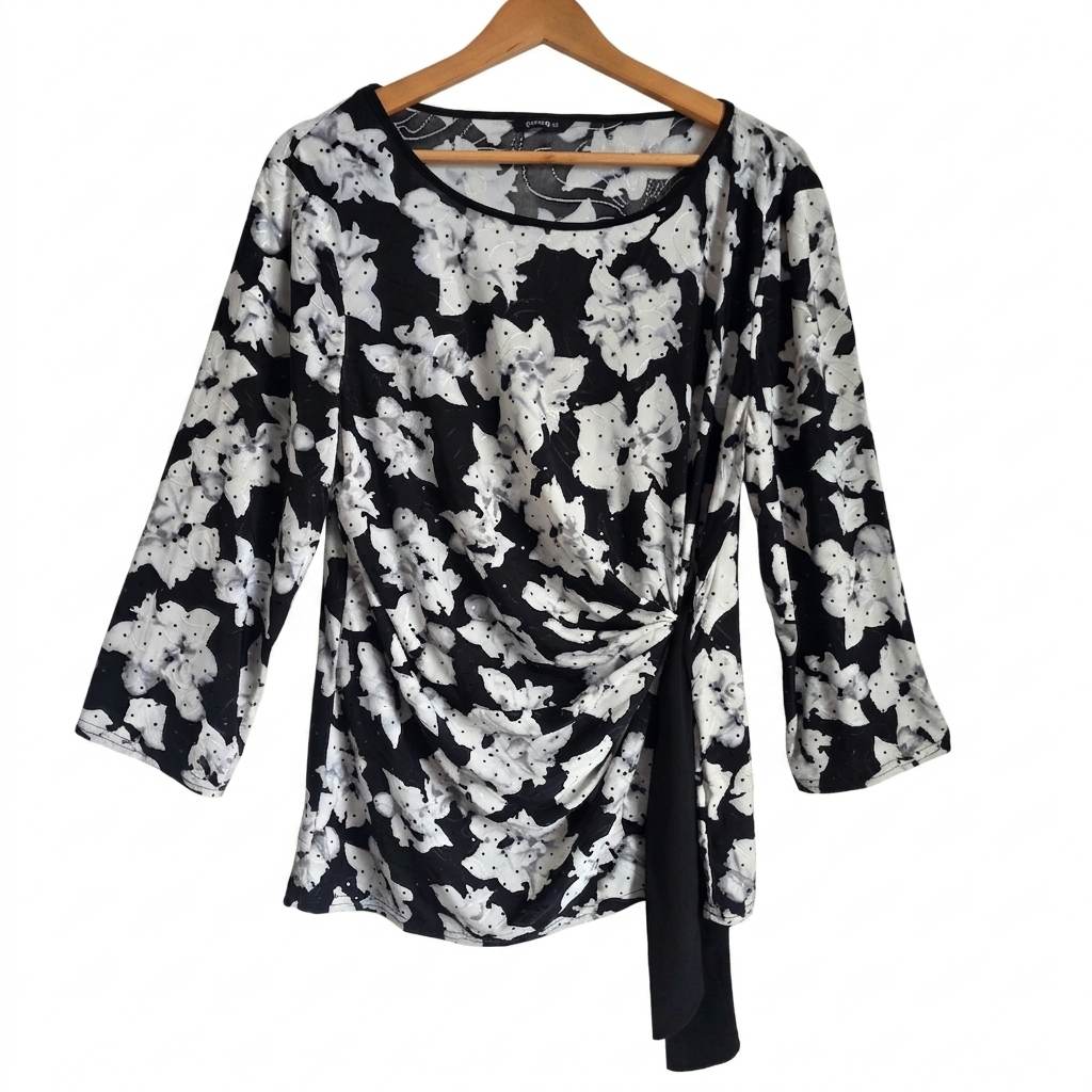 Roman Originals Women's Black & White Floral Top Size 20 - Sequinned Side Tie Detail