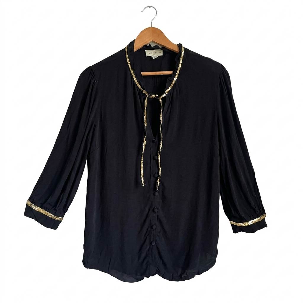 Love & Roses Women's Black Blouse with Gold Sequin Trim - Size UK 12