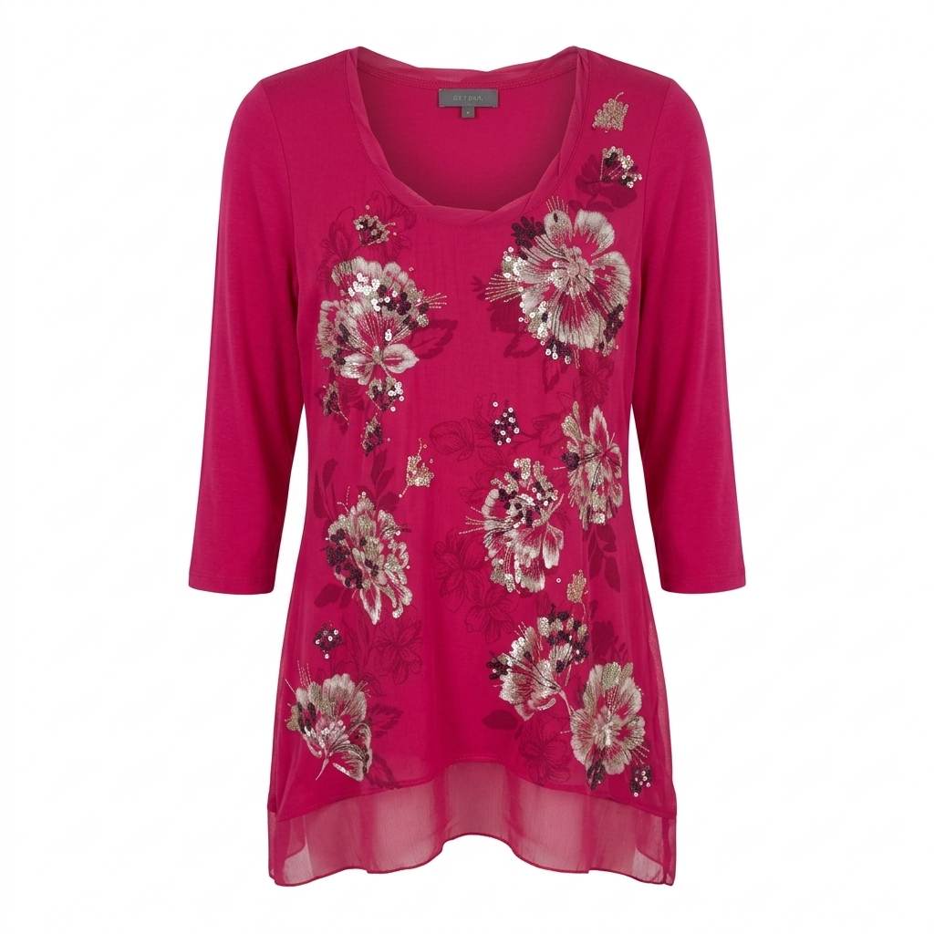 Per Una M&S Hot Pink Floral Embellished Top Size 12 UK 3/4 Sleeve Viscose Blend