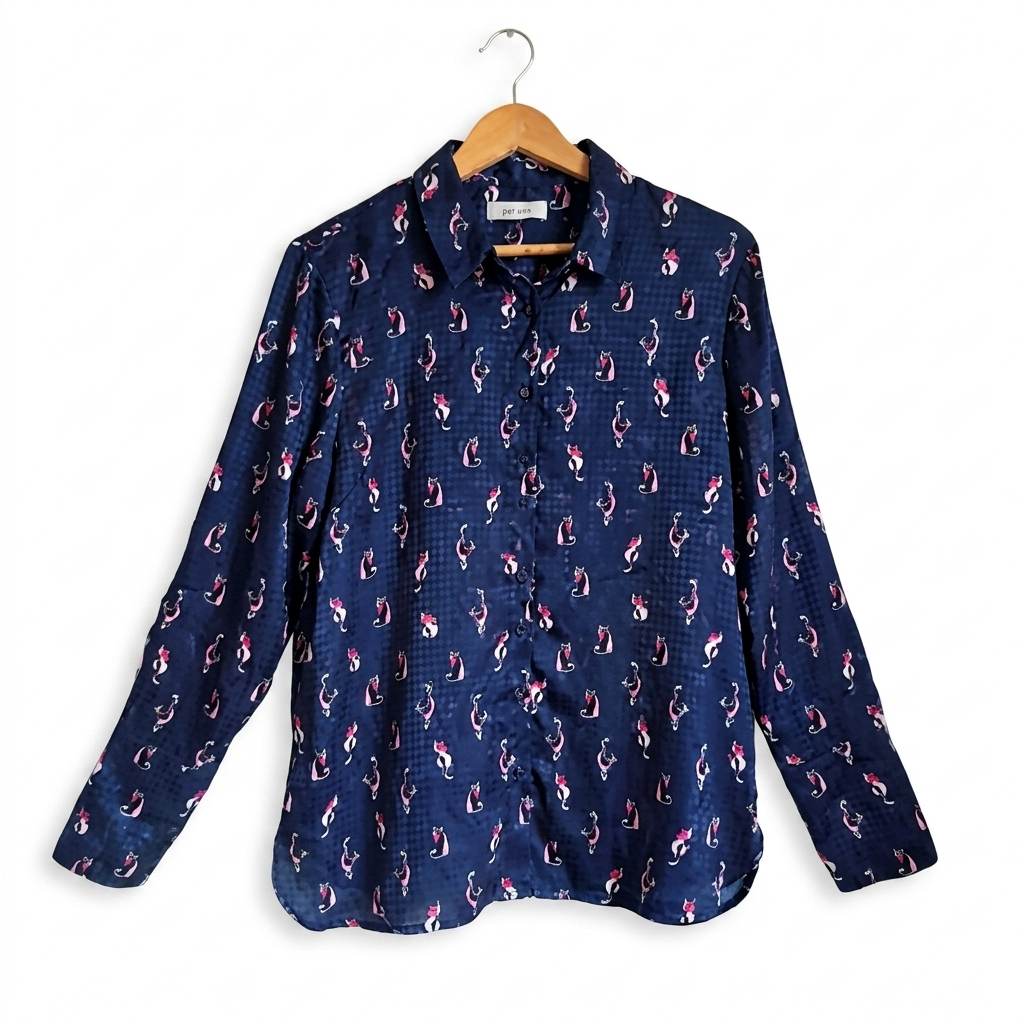 Per Una M&S Dark Navy Cat Print Blouse Long Sleeve Shirt UK 12