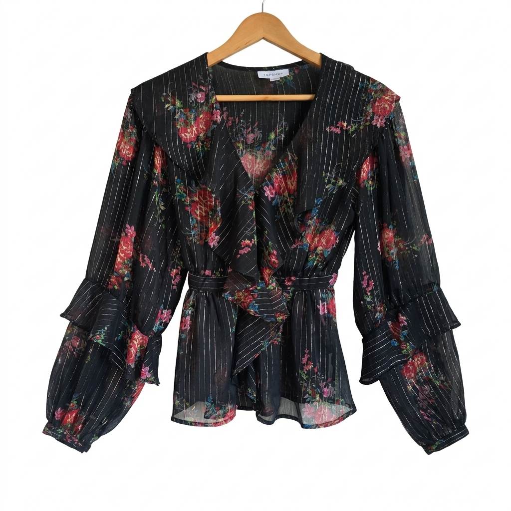 Topshop Floral Metallic Stripe Blouse Ruffle Detail Long Sleeve Black UK 6 mesh