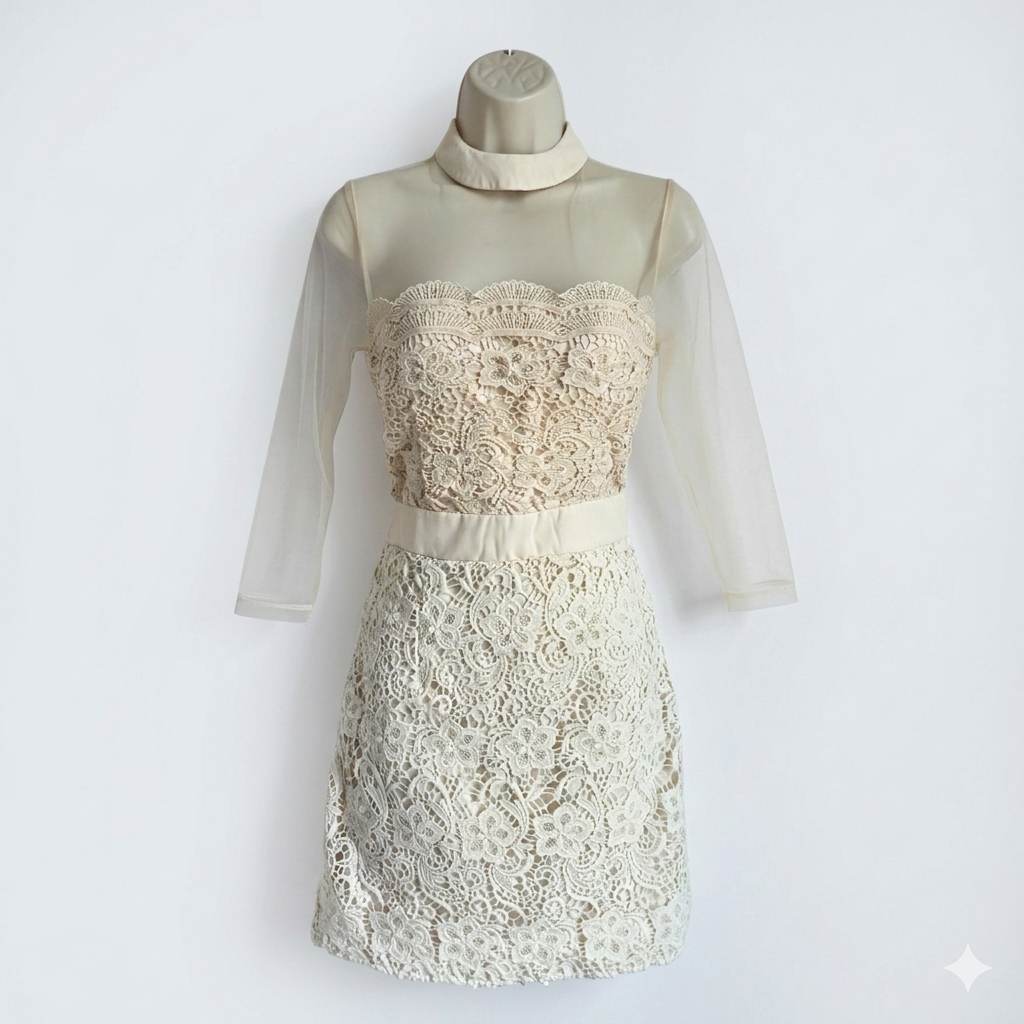 Little Mistress London Cream Lace Dress - Mock Neck, Mesh Sleeves - Size UK 10 / US 6