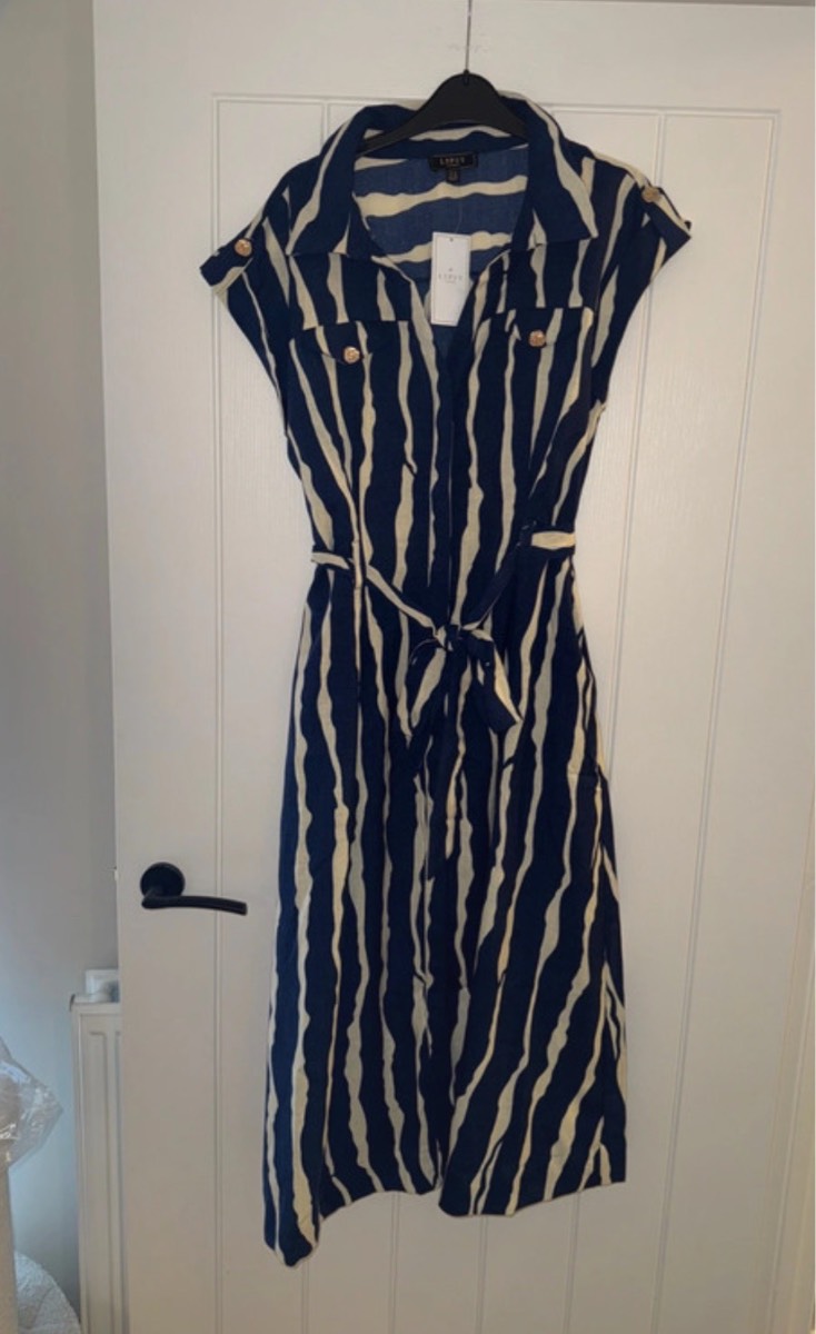 Size 12 Lipsy Navy Blue Linen Look Button Through Short Sleeve Midi Shirt Dress