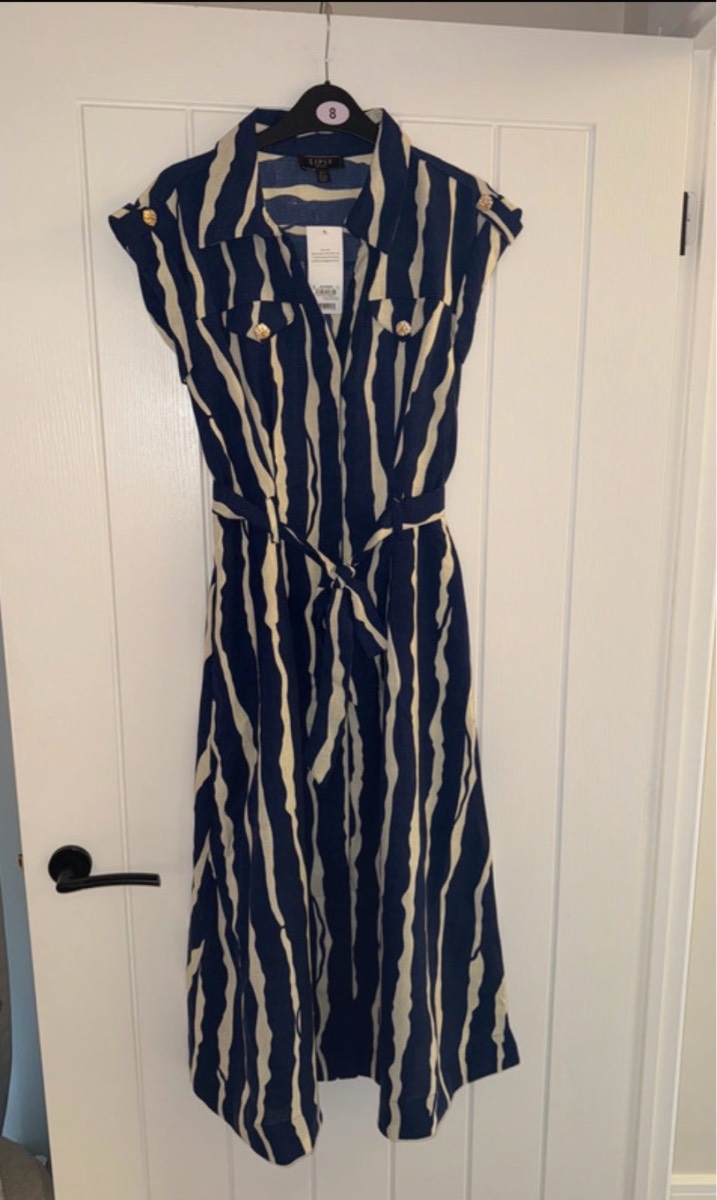 Size 6 Lipsy Navy Blue Linen Look Button Through Short Sleeve Midi Shirt Dress