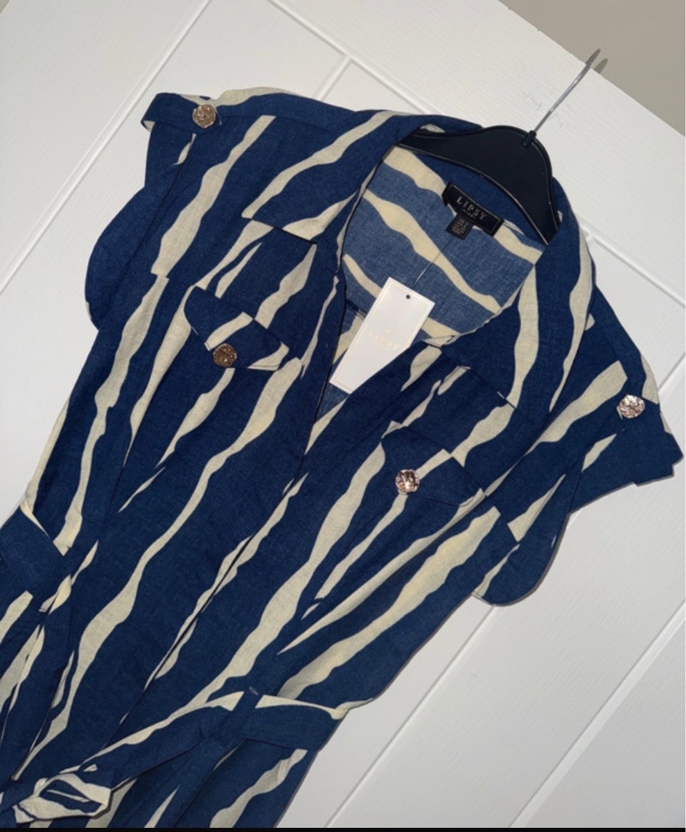 Size 8 Lipsy Navy Blue Linen Look Button Through Short Sleeve Midi Shirt Dress