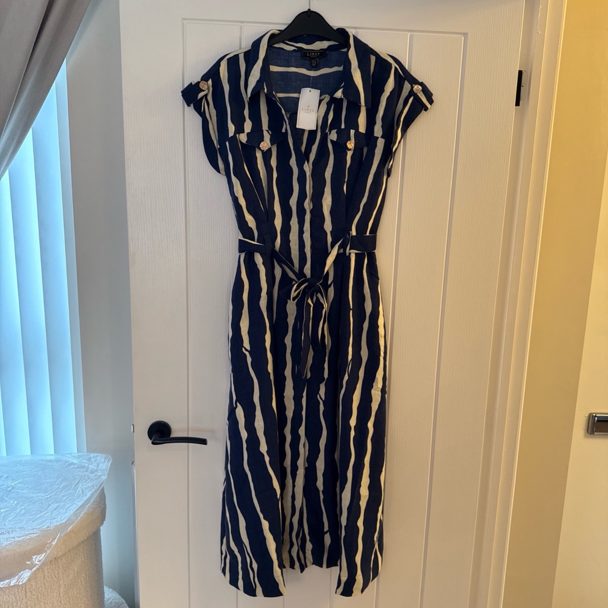 Size 10 Lipsy Navy Blue Linen Look Button Through Short Sleeve Midi Shirt Dress