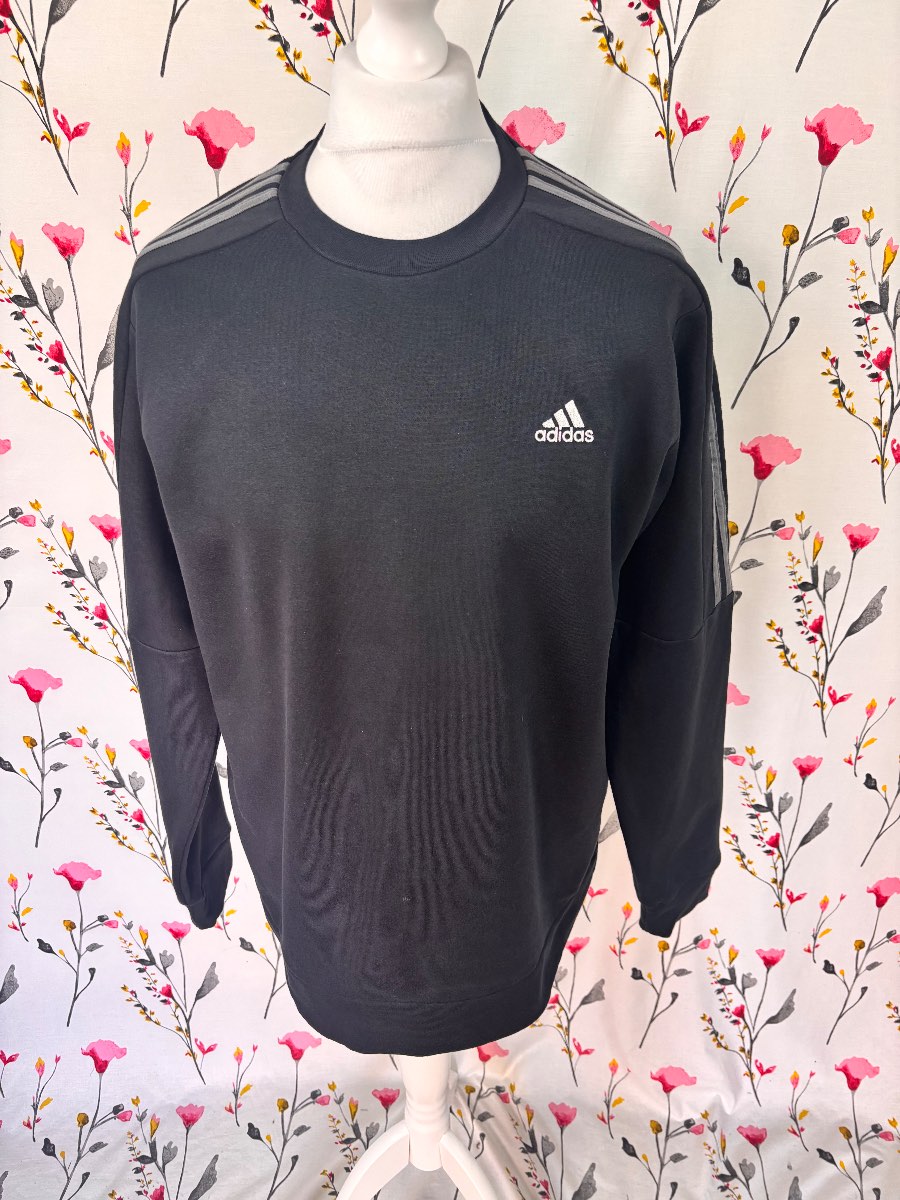 Adidas Black 3-Stripes Crew Neck Sweatshirt – Men’s Large – Fleece Lined