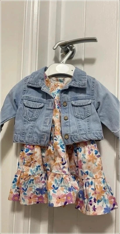 Asda George baby girls Bright Floral Dress and Denim Jacket Outfit