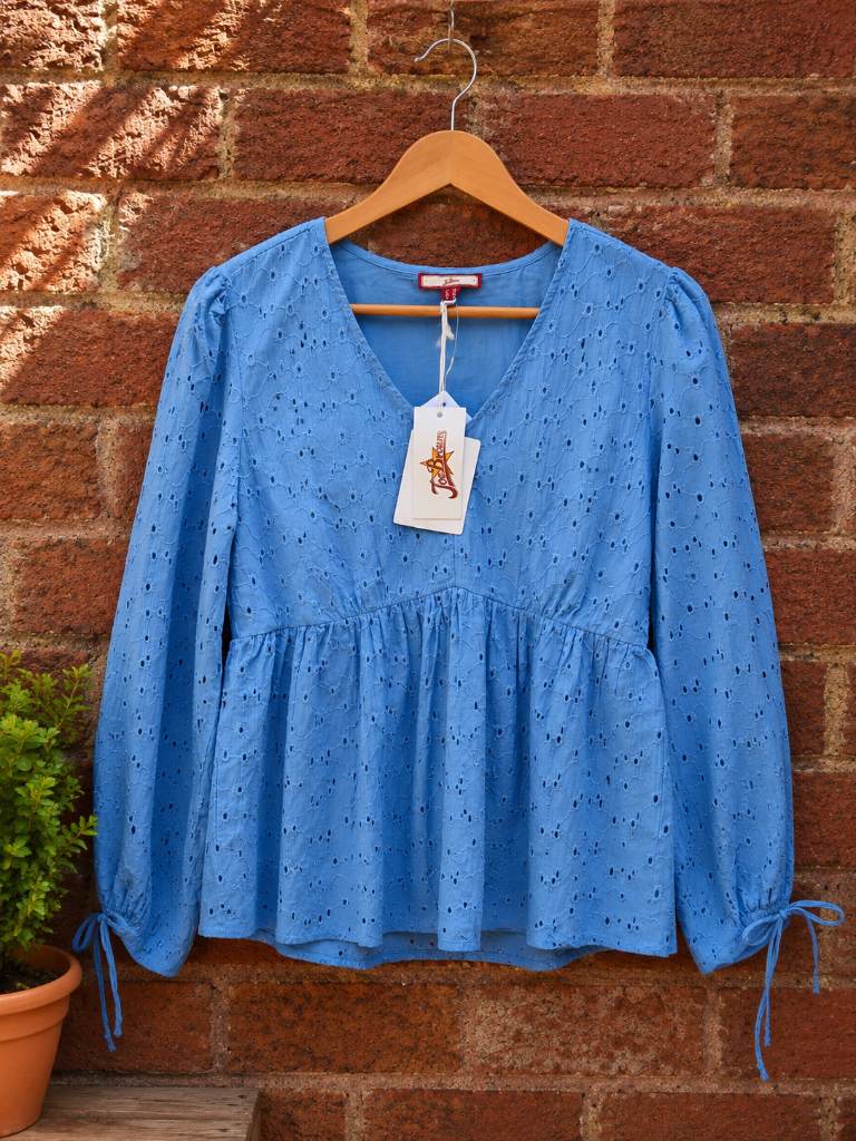 Joe Browns Blue Broderie Anglaise Peplum Blouse Top  10 Cotton Boho Long Sleeve