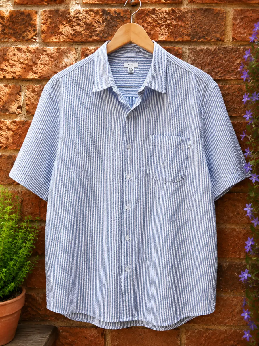 TOG24 Mens 3XL Blue White Seersucker Shirt Short Sleeve Casual Summer Cotton Blend