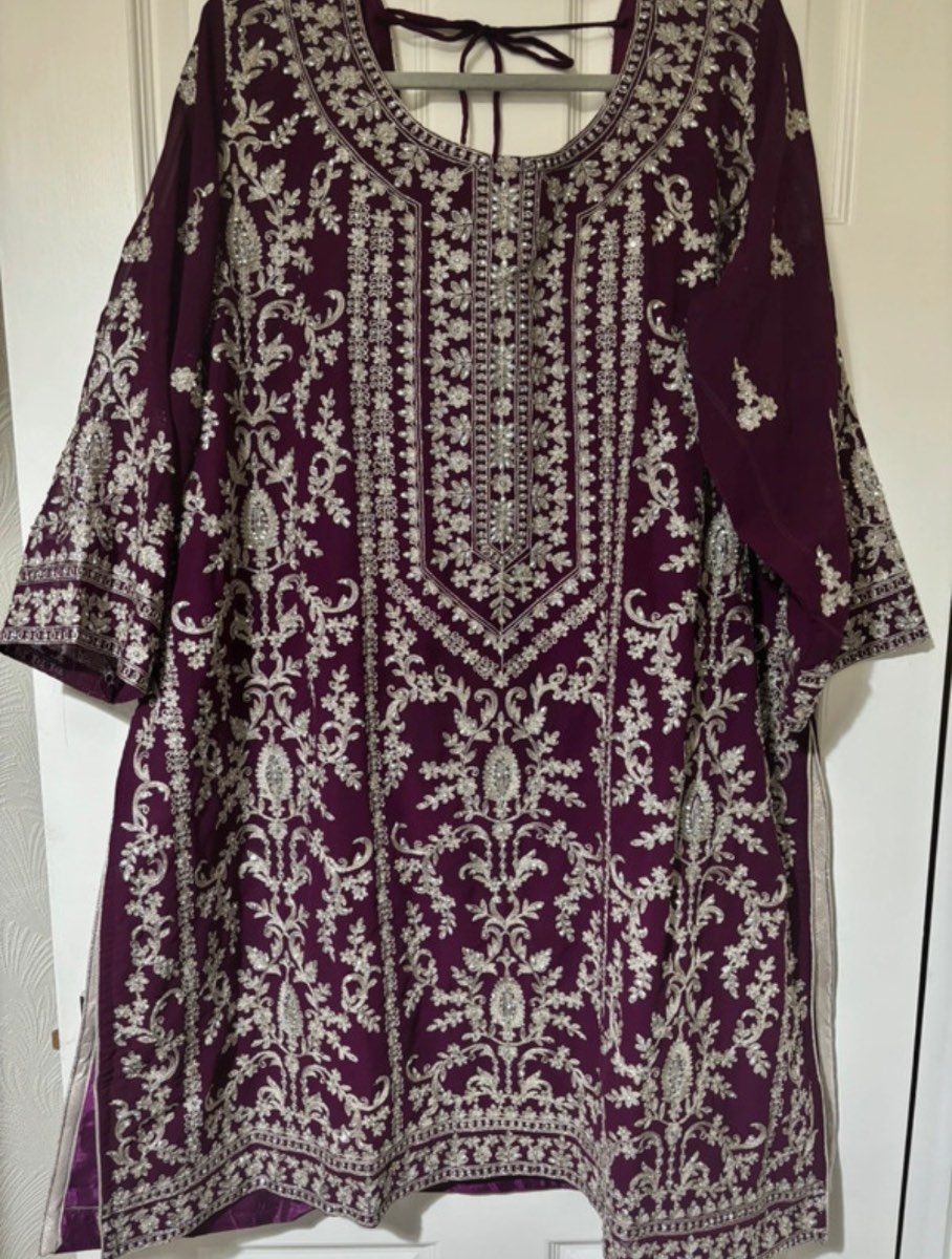 Deep Plum Embroidered 3-Piece Suit — Kurta, Bottoms & Dupatta