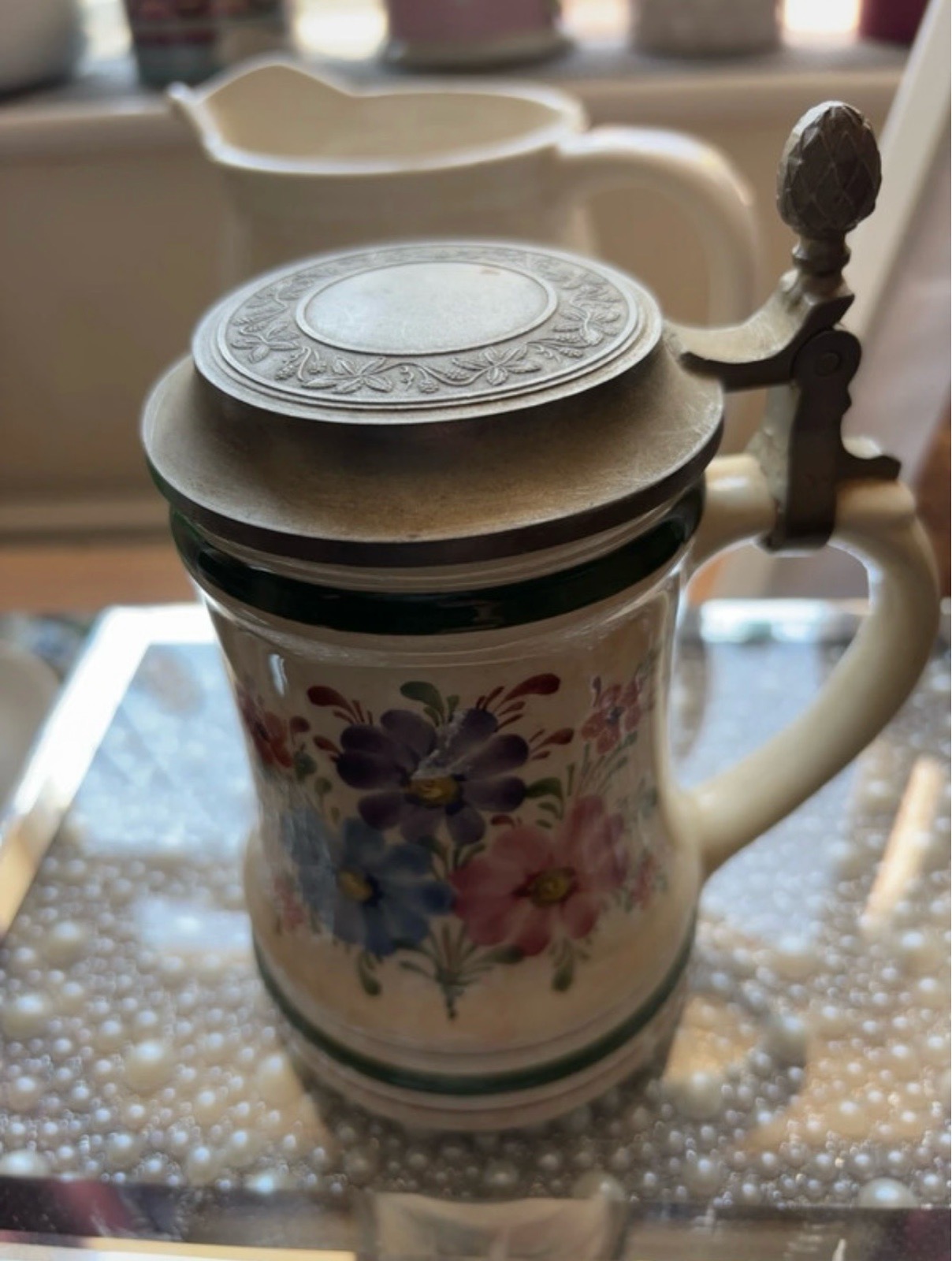 Vintage Wechsler Austrian Ceramic Stein — Hand-Painted Floral, Pewter Lid — Tyrol