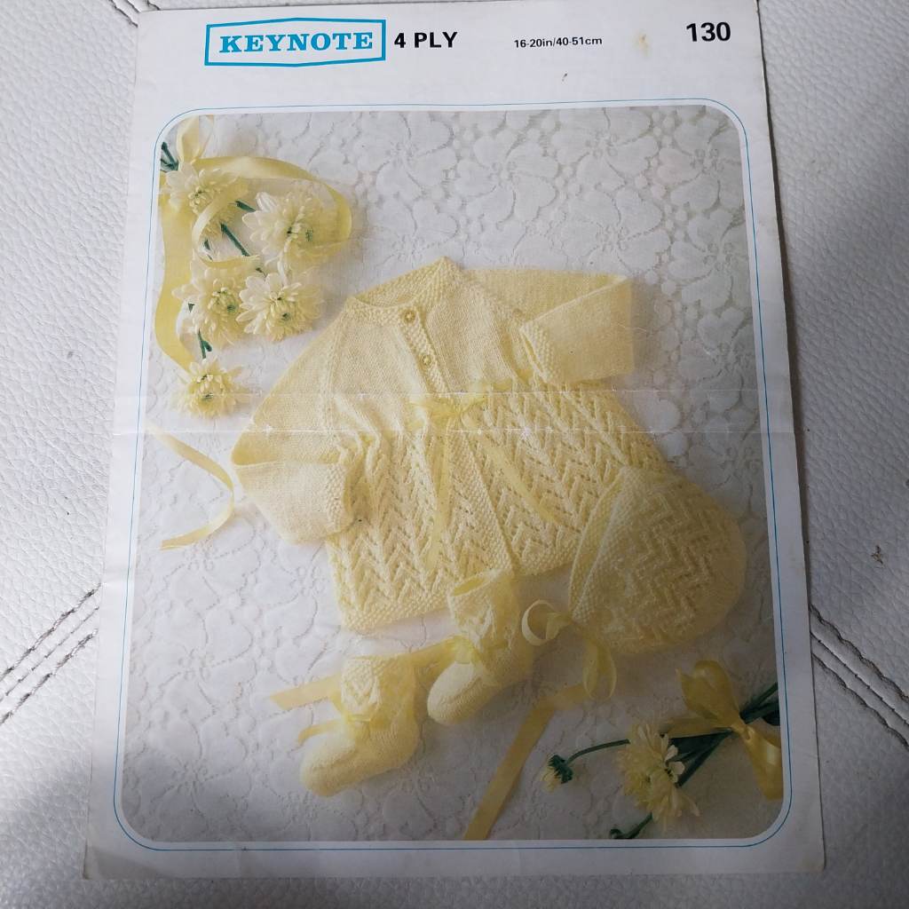 Knitting pattern for matinee coat, Bonnet and bootees