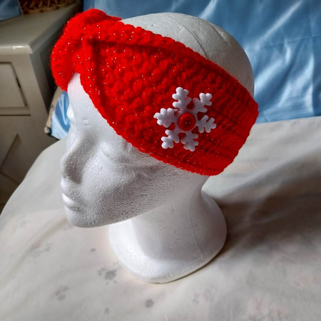 Handmade crochet bandana red with snowflake embellishment