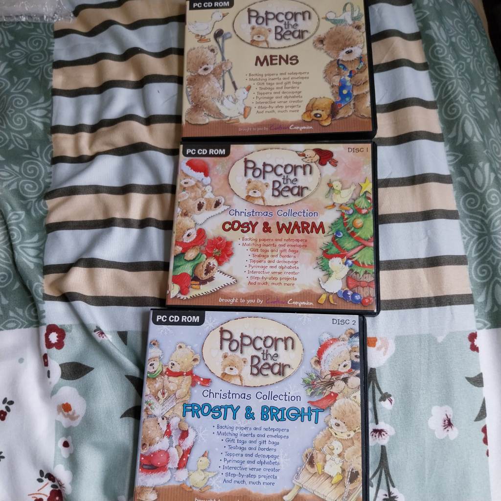 3 x popcorn the bear pc cd-roms Mens, cosy and warm, frosty and bright