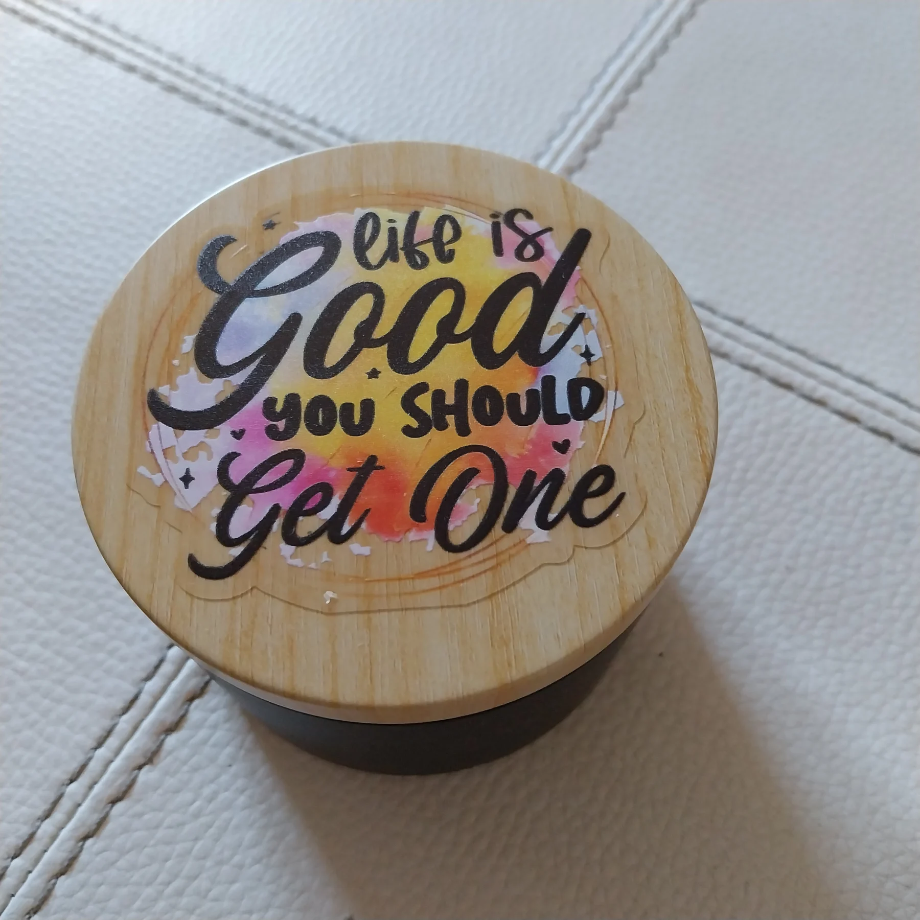 Little black trinket box with bamboo lid Life Is good