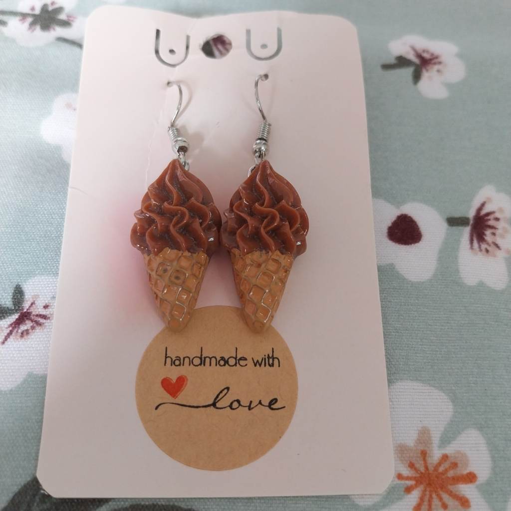 Silver coloured earrings with ice cream cones flat backed pendants