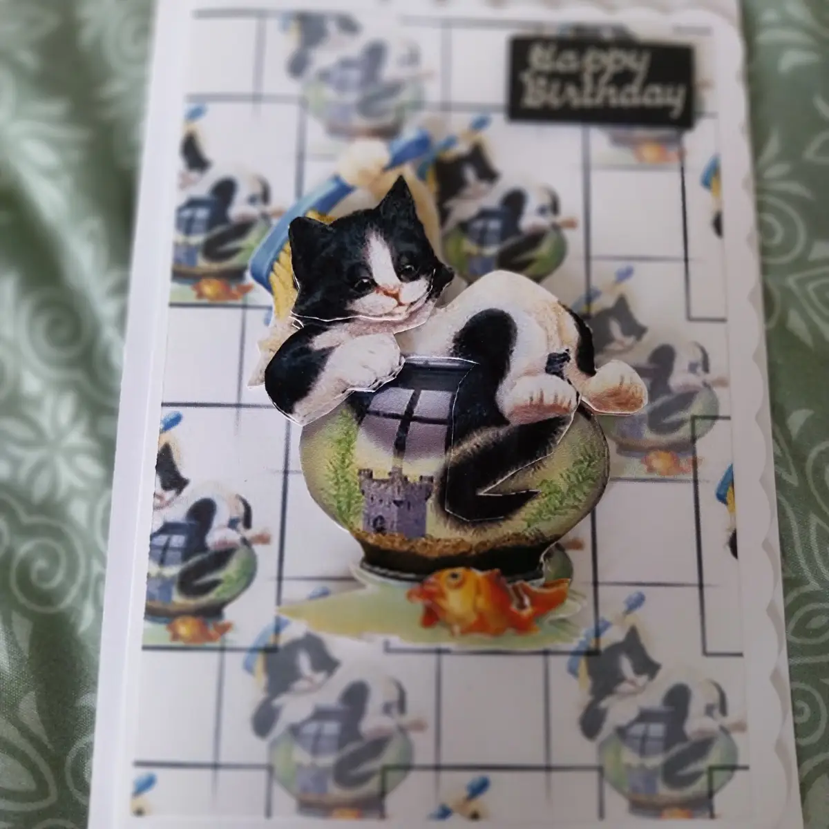 Handmade Birthday card cat in the fish bowel